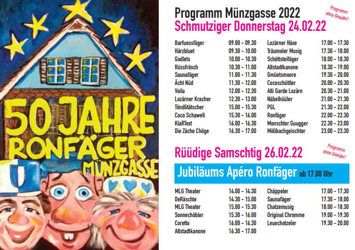 Programm Münzgasse 2022 und 50 Jahre Guggenmusig Rönfägger